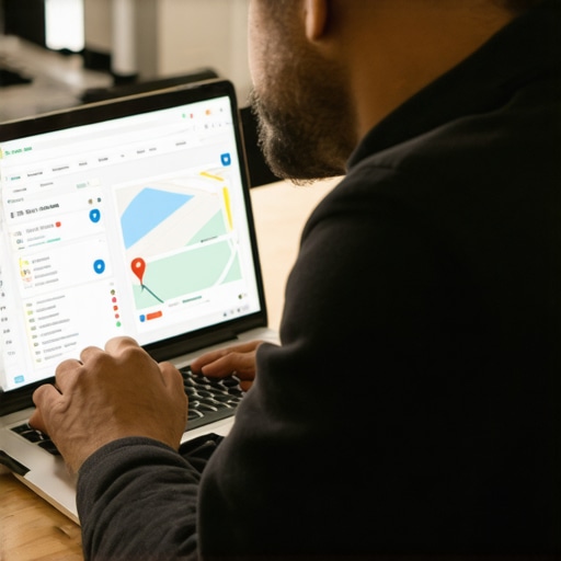 Business owner reviewing local SEO metrics on a laptop with Google Maps.