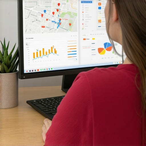 Person reviewing local SEO analytics on a computer screen with maps and graphs.