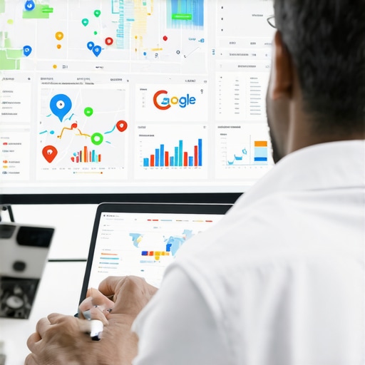 SEO professional analyzing local SEO data with charts and laptop in an office