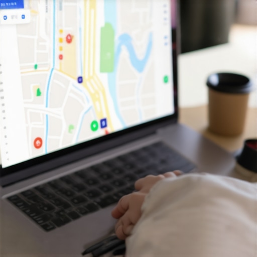 Person verifying geolocation coordinates on a laptop for local SEO using geocoding tools.