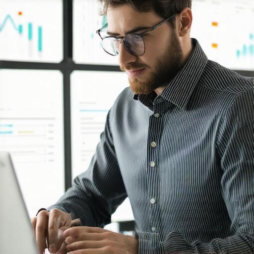 Business owner editing Google My Business listing on a computer with analytics charts in the background.