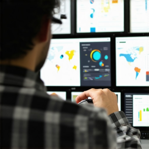 A digital marketer reviewing analytics dashboards and maps for local SEO optimization.