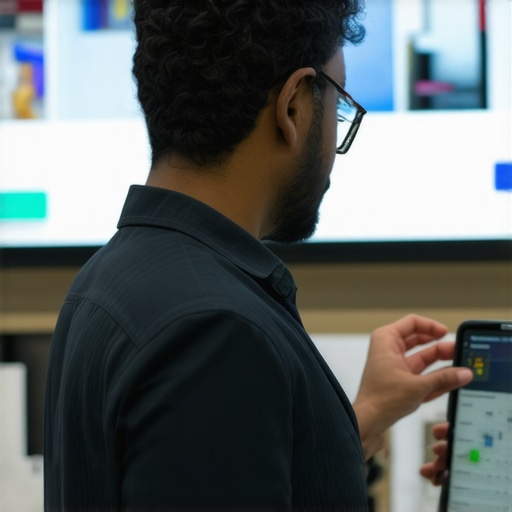 Business owner reviewing real-time foot traffic and AR interaction data on digital screens in a retail environment