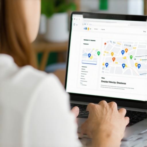 Business owner enhancing Google My Business profile on laptop showing local map icons.