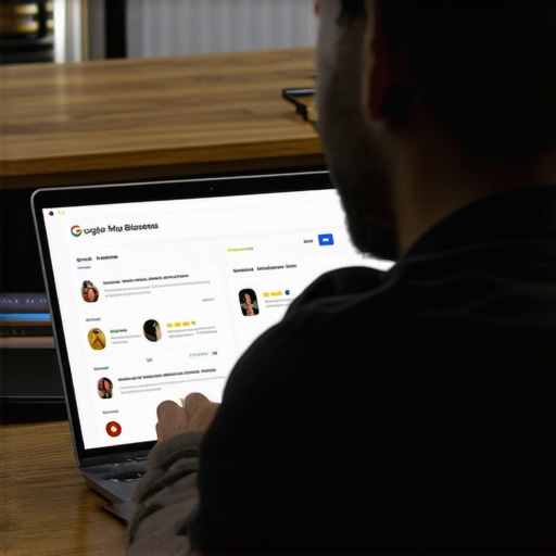 Business owner analyzing Google My Business profiles on a laptop, identifying suspicious ghost profiles.
