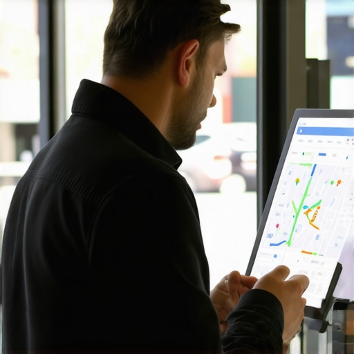 Business owner reviewing foot traffic analytics on a digital dashboard.