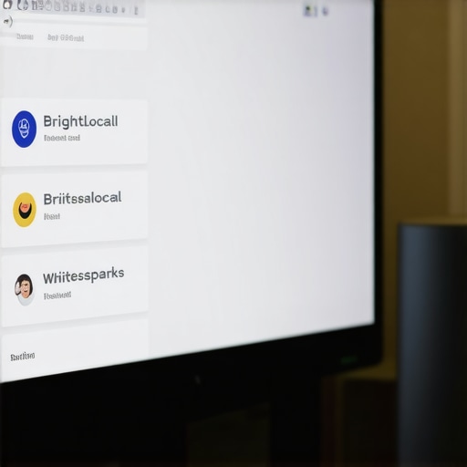 Computer monitor showing SEO auditing dashboards with BrightLocal and Whitespark