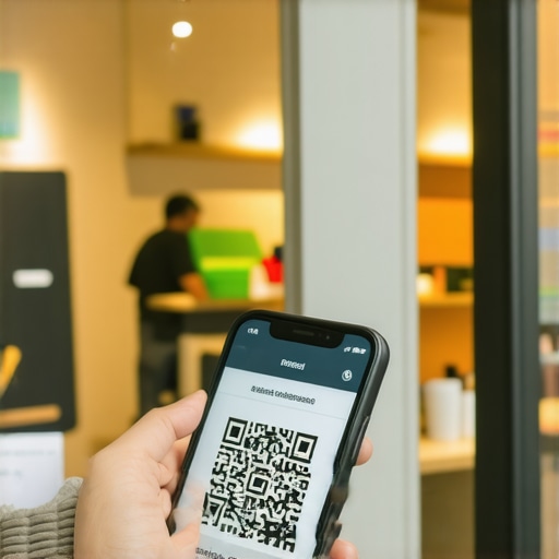 Smartphone scanning QR code for augmented reality verification at business location