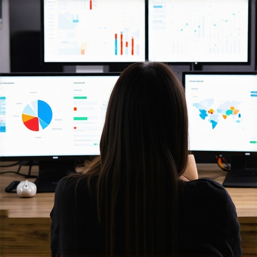 Person reviewing SEO performance metrics on screens with maps and graphs.