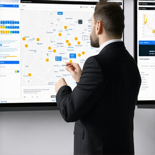 Businessman reviewing customer traffic and digital signal data on a large touchscreen map.