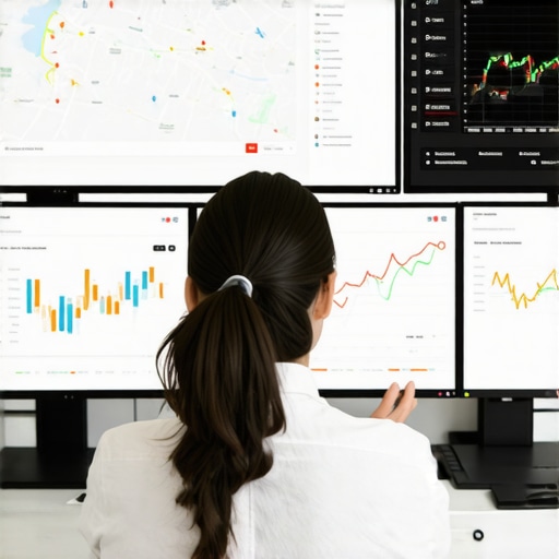 Person viewing real-time map pack ranking and inventory data on screens from a modern office setup.