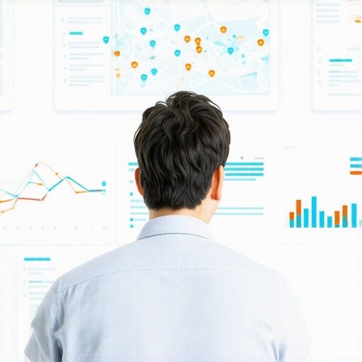 Business professional reviewing local search rank data on a digital dashboard.