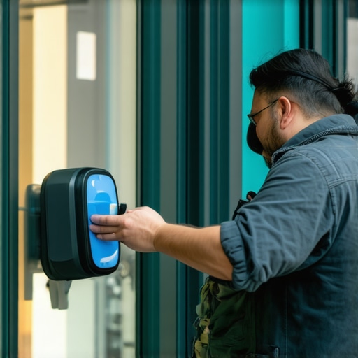 Technician installing proximity beacons near a storefront to enhance offline signals for local map pack ranking.