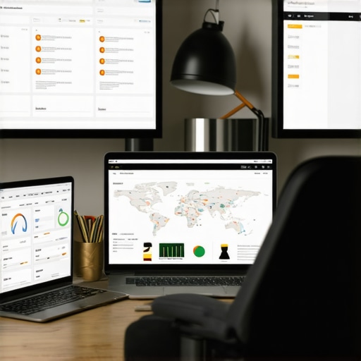 A desk with laptops and monitors displaying local SEO analytics and tools.