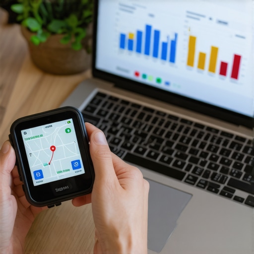 Person verifying business location with GPS device and analyzing SEO stats on a laptop, emphasizing maintenance tools for map pack rankings.