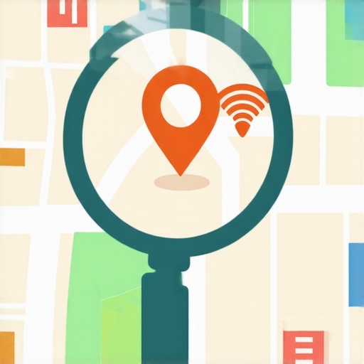 Illustration of a magnifying glass examining a digital map with local SEO signals like Wi-Fi symbols, AR markers, and customer interactions.