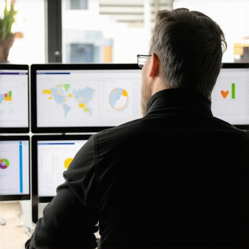 Analytical image of a person working with maps and data charts in an office setting.