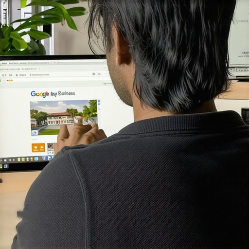 Business owner carefully editing Google My Business profile with local neighborhood scenery