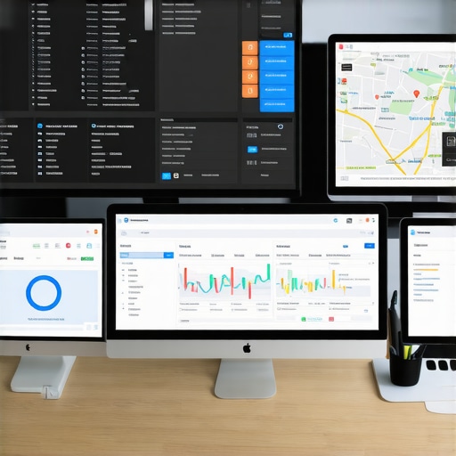 Workspace with SEO software monitoring local business rankings.