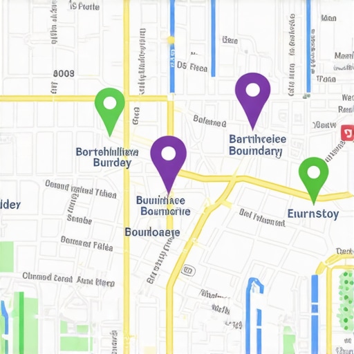 A detailed digital map highlighting specific service zones with pins and boundary lines.