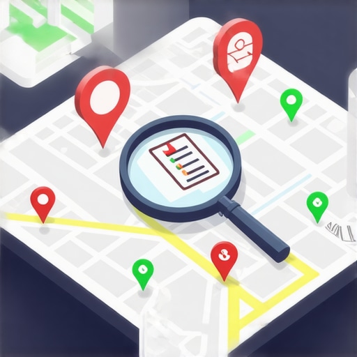 A conceptual image of a digital map being audited for local search ranking factors and hidden filters.