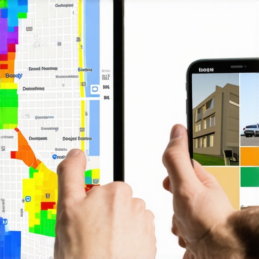 Professional analyzing a 3D heatmap of Google Maps rankings and uploading job site photos for map pack placement.