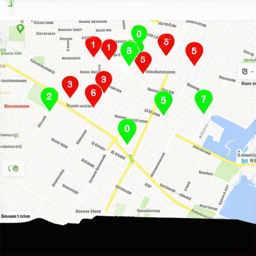 A visualization of local map pack rankings across a geographic area using a grid tracking tool.