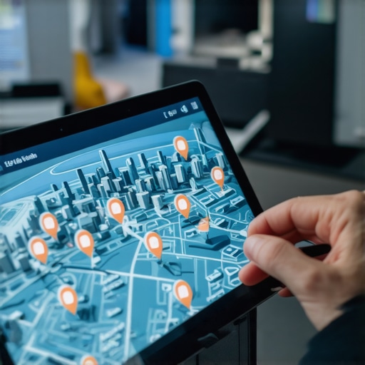 A tablet displaying a map with local search ranking data and website authority metrics.