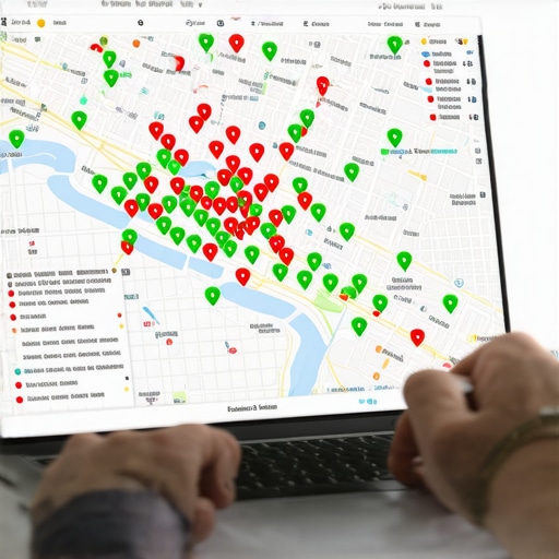 A high-tech grid map showing local business ranking positions across different city neighborhoods.
