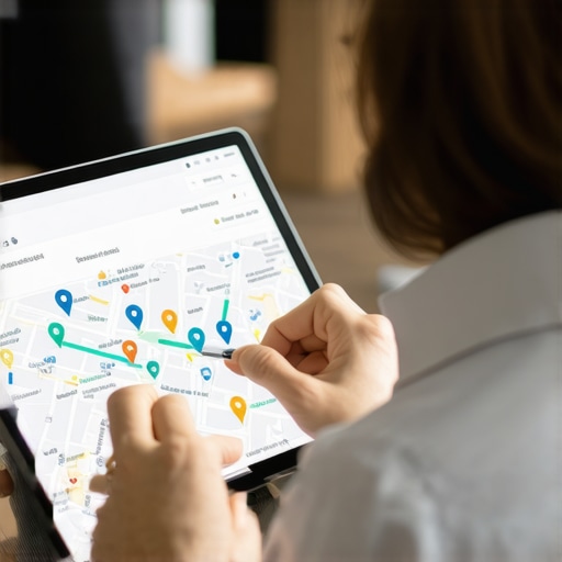 A business owner reviewing local map pack rankings and search proximity data on a tablet.
