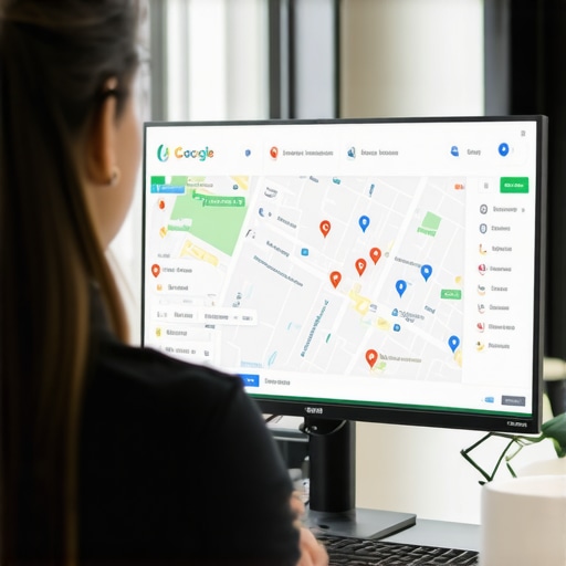 A professional analyzing map pack placement and local rankings using a grid tracking tool on a computer.