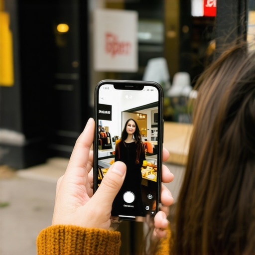A person using a smartphone to take a photo of a local business storefront to improve map pack visibility.