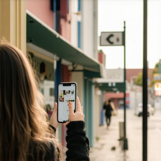 A person photographing a local business storefront to verify its physical location for Google Map Pack.