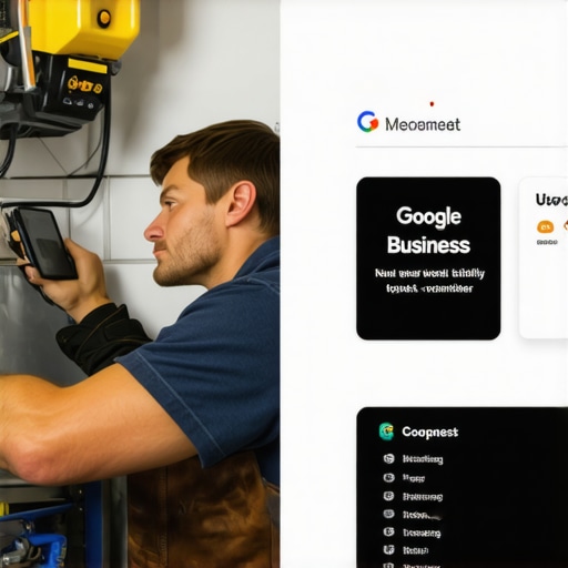 A plumber working on a sink with a Google Business Profile overlay showing increased engagement.