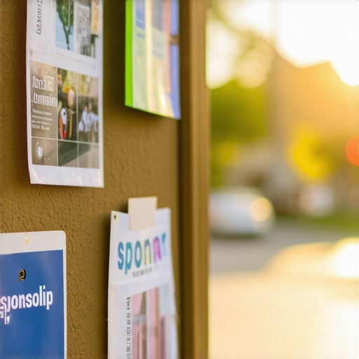 Local community sponsorship and business brand mentions on a neighborhood bulletin board.