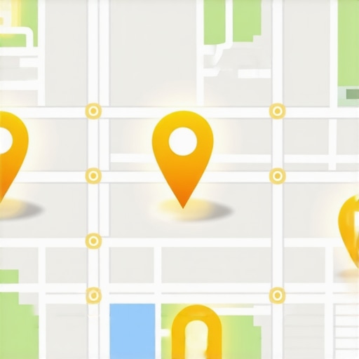 Digital representation of local businesses connecting through backlinks on a neighborhood map