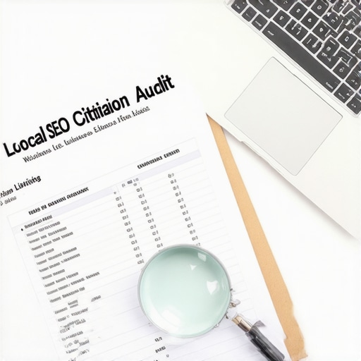 A laptop and magnifying glass used for auditing business map pack citations