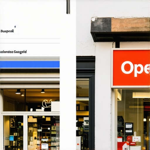 A split view of a computer screen showing business settings and a real-world shop entrance.