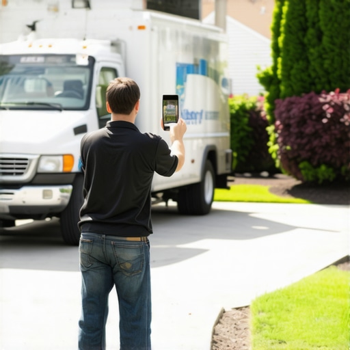 Landscaper taking photos of work in a neighboring town to improve local map pack visibility.