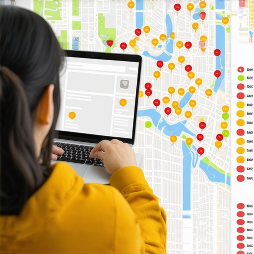 A digital map showing various ranking positions for a local business across different neighborhoods