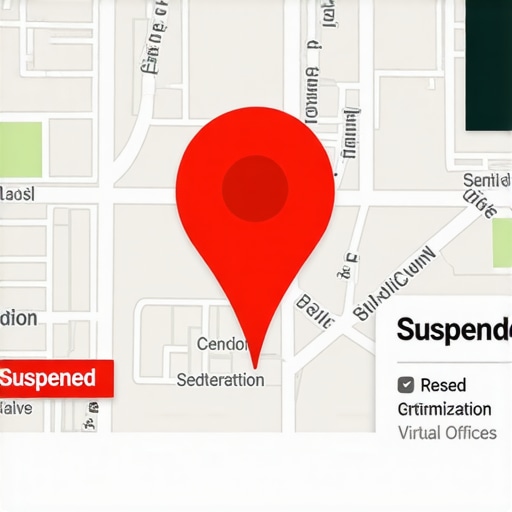 A Google map pin showing a suspended business listing due to policy violations.