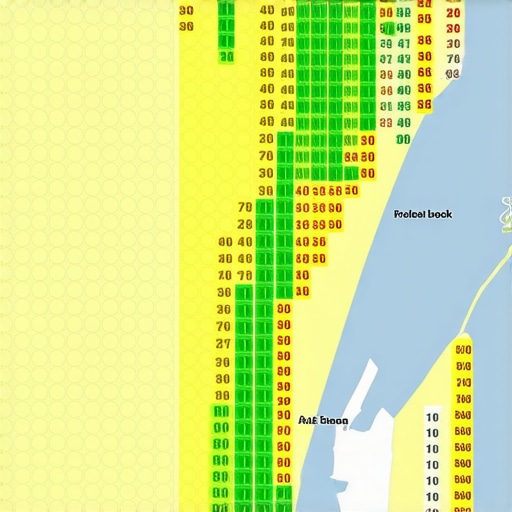 A heatmap visualization of map pack rankings across a specific city grid showing local SEO performance.