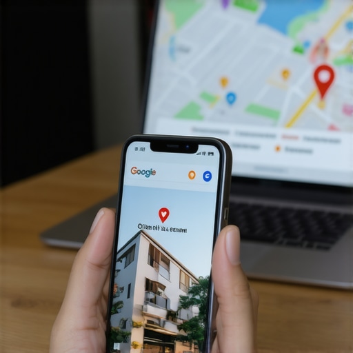 A smartphone showing location tags next to a computer screen displaying a business map pack ranking.