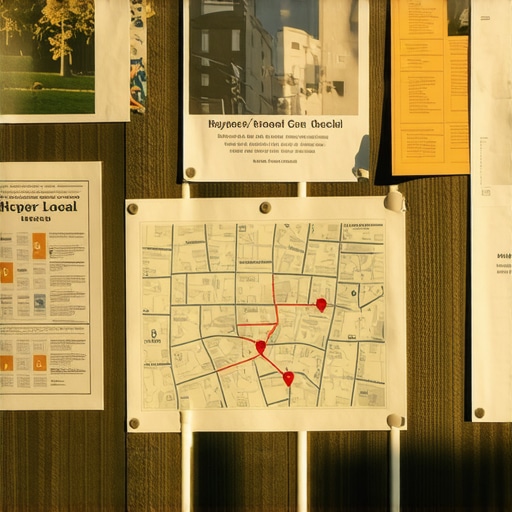 Local community bulletin board with neighborhood maps and flyers symbolizing local SEO signals.