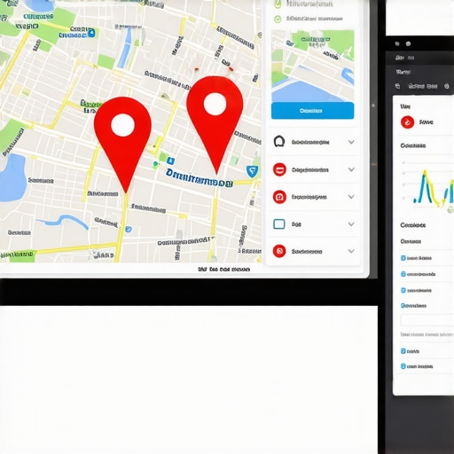 A computer screen showing a local business map pack tracking dashboard with pins and ranking metrics.