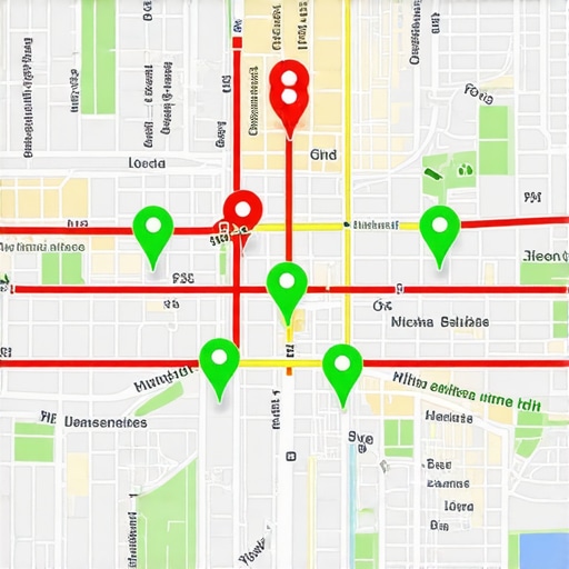 A digital map showing local search ranking pins across a city grid for SEO monitoring.