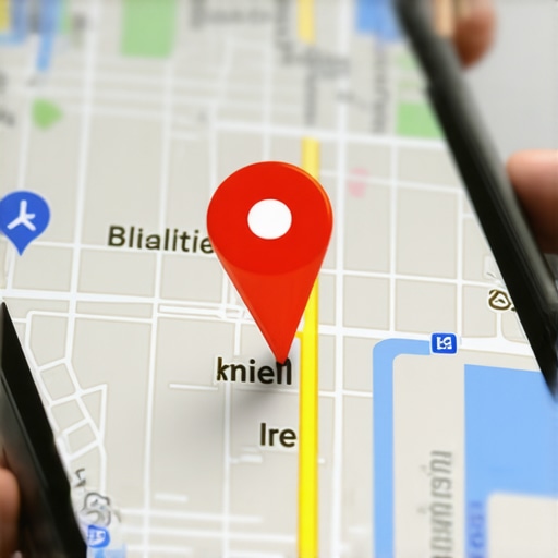 A smartphone showing a local business map pack entry with red pins in a city neighborhood