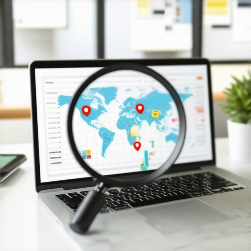 A laptop screen showing local map pack ranking fluctuations and analytical search data