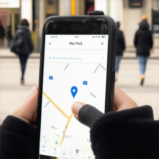 A person checking local business rankings on a smartphone while walking on a city street.