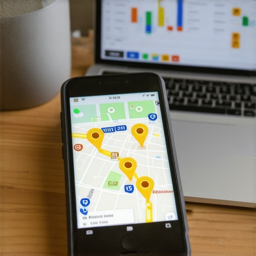 Tracking map pack placement on a mobile device next to a laptop showing local SEO analytics
